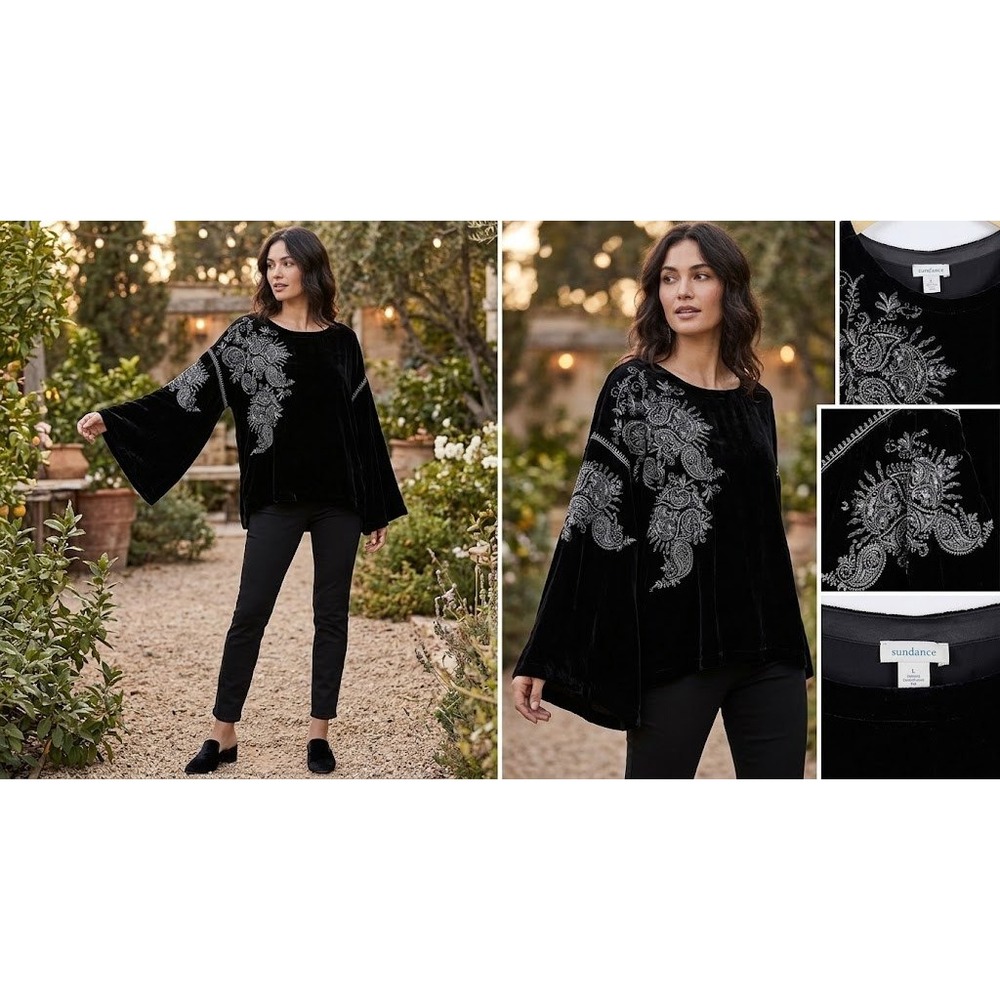 Whimsigoth Boho Paisley Velvet Silk Blend Top Sundance Black Womens L Peasant